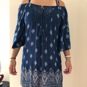 🚀SALE🚀Angie Blue Patterned Cold-Shoulder Dress
